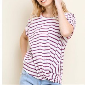 Striped Short Sleeve Top with Gathered Detail